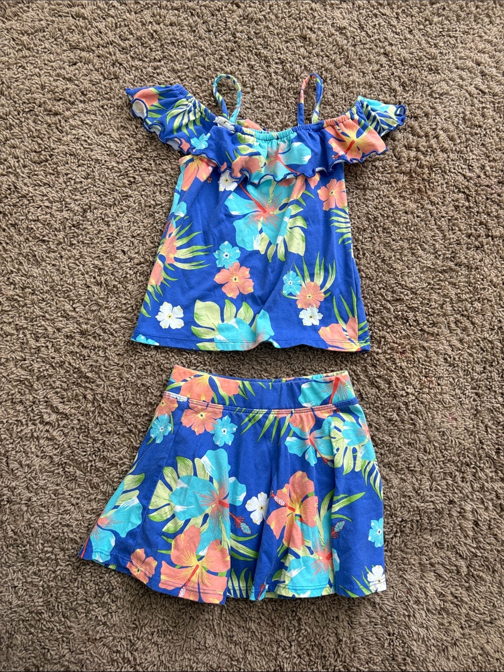 Children’s Place Blue Floral Two-Piece Dress Set with Coral and Lime Accents